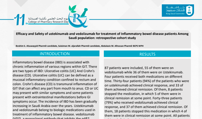 Efficacy and Safety of Ustekinumab and Vedolizumab for Treatment of Inflammatory Bowel Disease Patients among Saudi Population: Retrospective Cohort Study