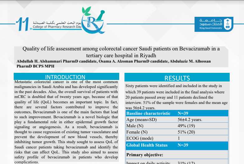 Quality Of Life Assessment among Colorectal Cancer Saudi Patients on Bevacizumab in a Tertiary Care Hospital in Riyadh.