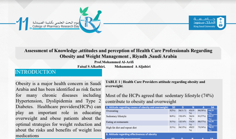 Assessment of Knowledge, attitude and perception of Health Care Professionals Regarding Obesity and Weight Management, Riyadh, SA